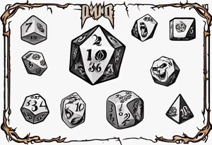 A 20 sided Dice with numbers and wolverine claw marks framing the underneath of the dice and a werewolf in the background tattoo idea