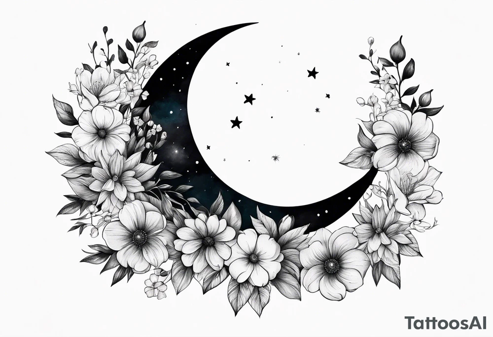 Crescent moon shrouded by beautiful flowers tattoo idea Crescent moon shrouded by beautiful flowers tattoo idea