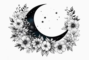 Crescent moon shrouded by beautiful flowers tattoo idea