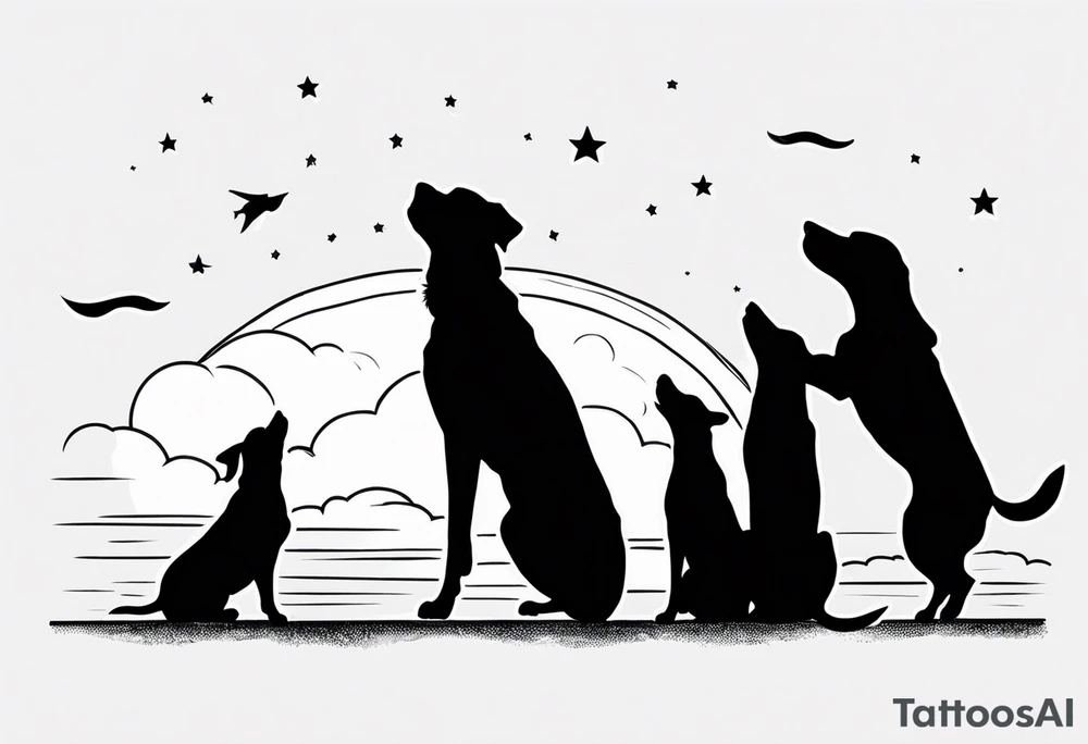 3 black silhouettes of dogs looking up at the night sky tattoo idea