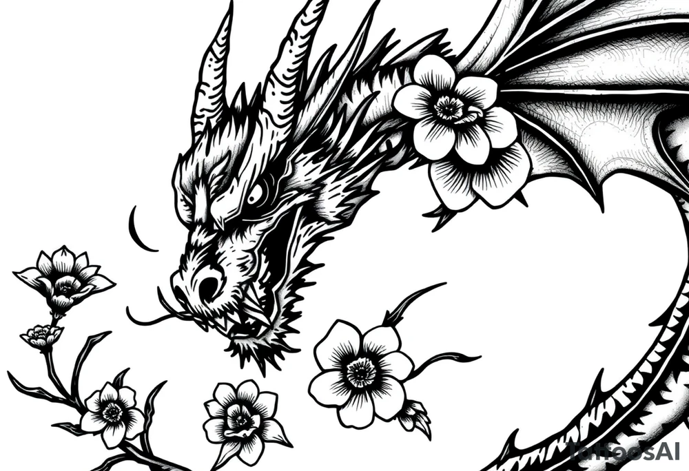 scary dragon with death flowers tattoo idea