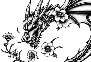 scary dragon with death flowers tattoo idea