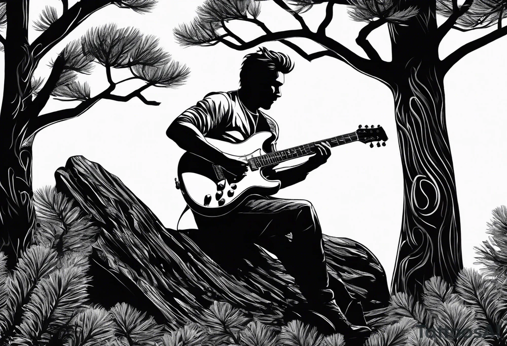 silhouette of a man sitting in a pine tree playing electric guitar tattoo idea