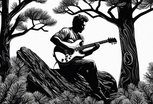silhouette of a man sitting in a pine tree playing electric guitar tattoo idea
