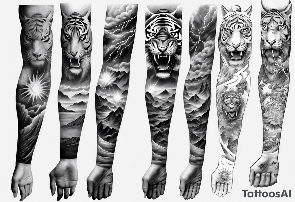 Tiger Warrior sleeve tattoo with lightning and the sun
Forearm sleeve tattoo idea
