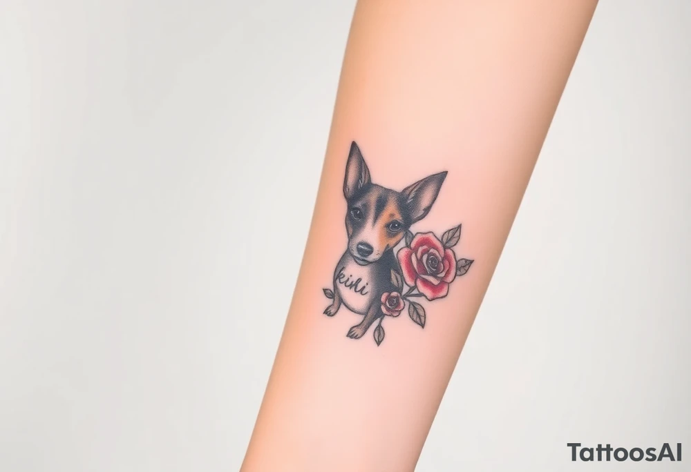 Cute female  large hound dog mix Brindle dog with the name kiwi . And a tiny rose around her . With her ears pointy a little big tattoo idea