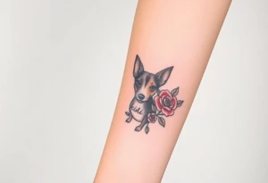 Cute female  large hound dog mix Brindle dog with the name kiwi . And a tiny rose around her . With her ears pointy a little big tattoo idea