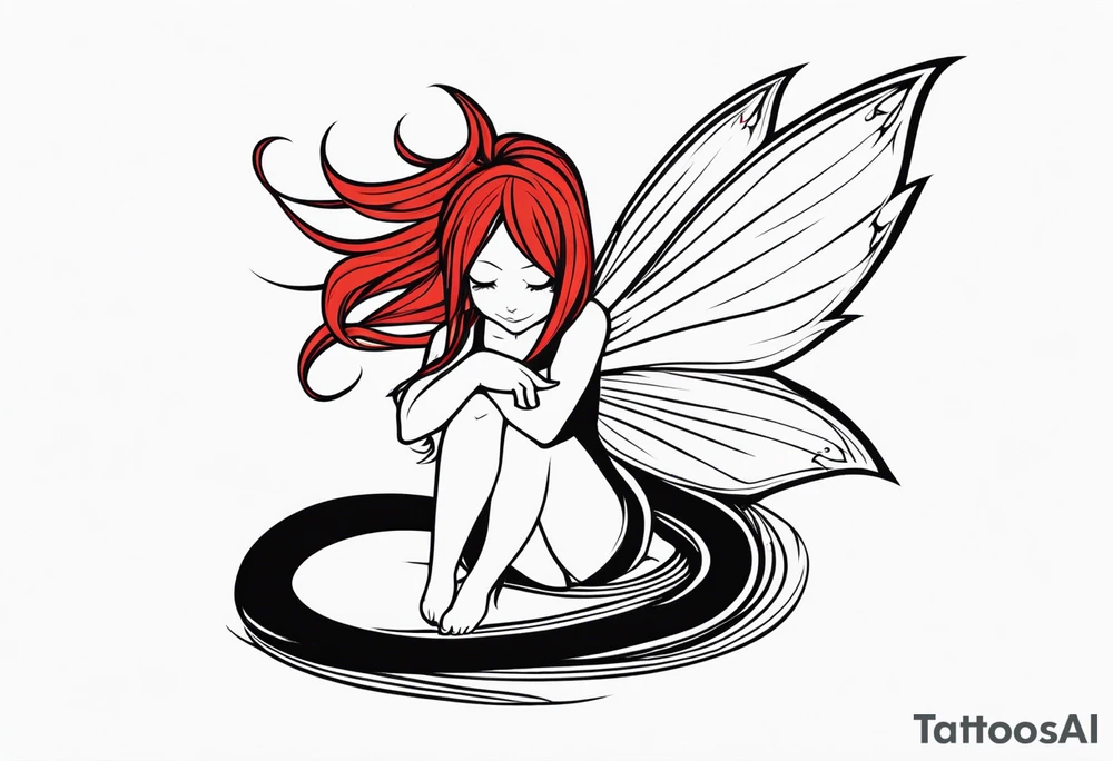 A fairy with a tail inspired by the logo of the show called Fairy Tail in a fetal position leaning in tattoo idea