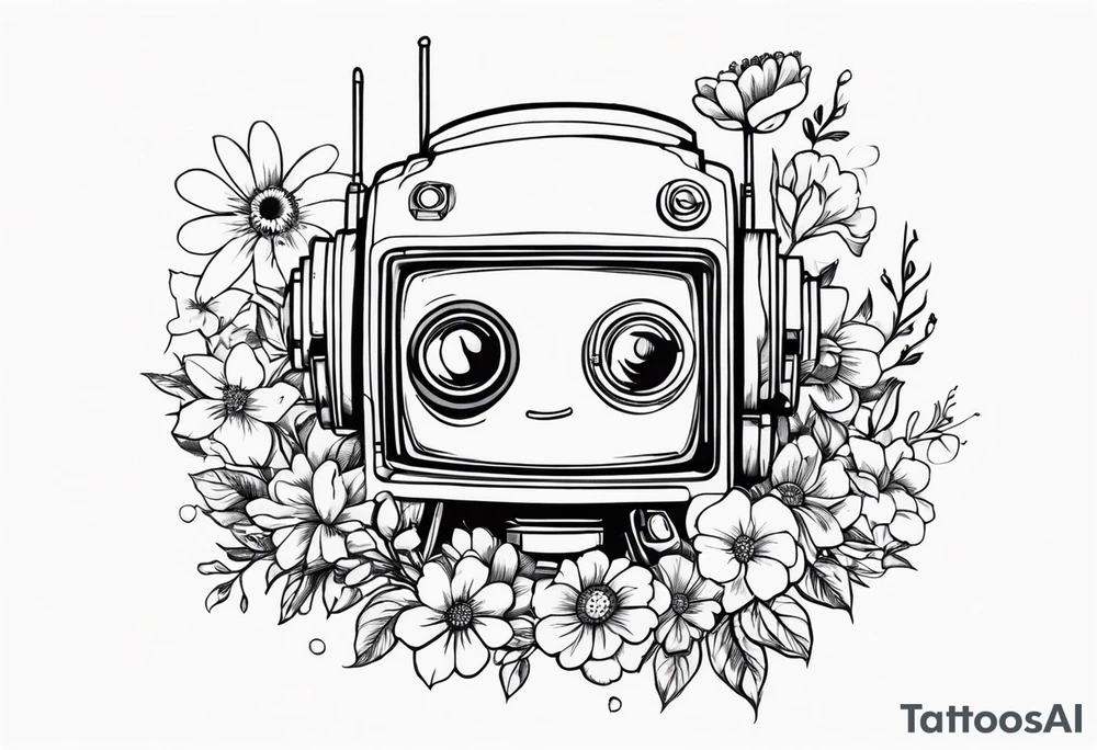 Abandoned Robot, television head, surrounded by flowers, forearm or wrist tattoo tattoo idea