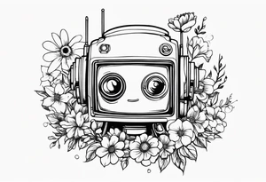 Abandoned Robot, television head, surrounded by flowers, forearm or wrist tattoo tattoo idea