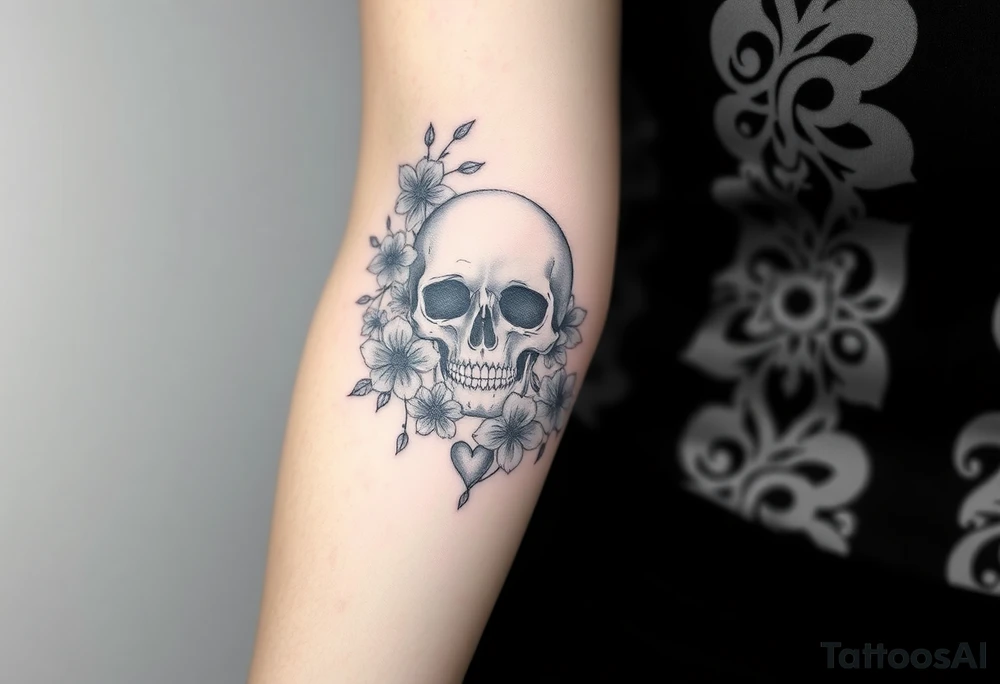 Pretty skull surrounded by wildflowers and hearts half sleeve tattoo idea