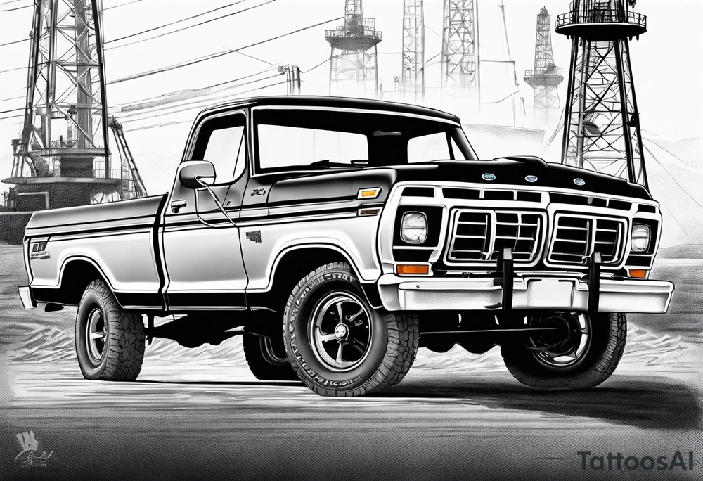 1974 ford f-100 in front of oil rig tattoo idea