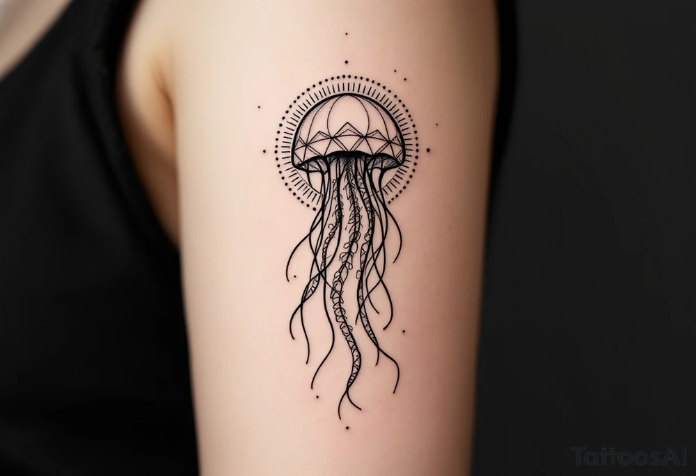 fine-line tattoo, single jellyfish, sacred geometry surround, dotwork patterns, jellyfish bell dome, flowing tentacles, trailing streamers, geometric mandala, radiating dotwork, minimalist design, black grey lines, soft shading, no outlines, geometric frame, organic jellyfish form, upper arm shoulder placement, light airy feel, delicate linework, geometric backdrop, refined elements, clean lines, radiating patterns, jellyfish centerpiece tattoo idea