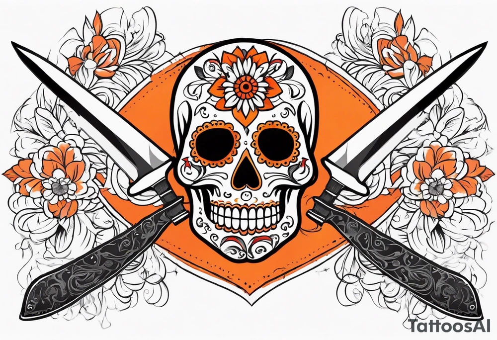 Orange Sugar skull with knifes that are orange and red with smoke around it tattoo idea