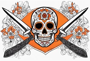 Orange Sugar skull with knifes that are orange and red with smoke around it tattoo idea