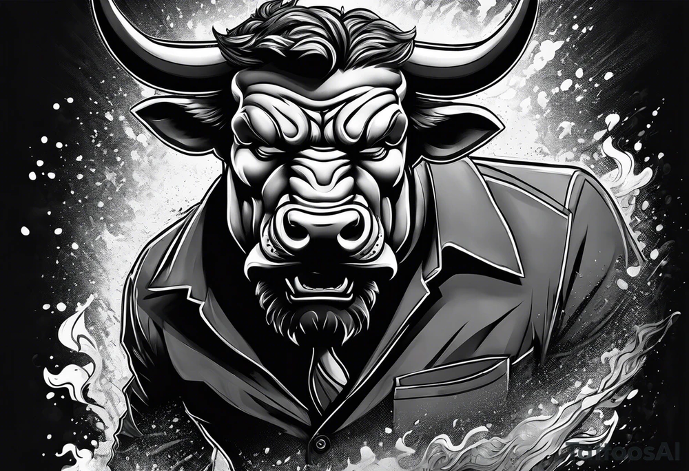 raging bull head busting through crowd of businessmen tattoo idea