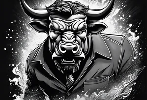 raging bull head busting through crowd of businessmen tattoo idea