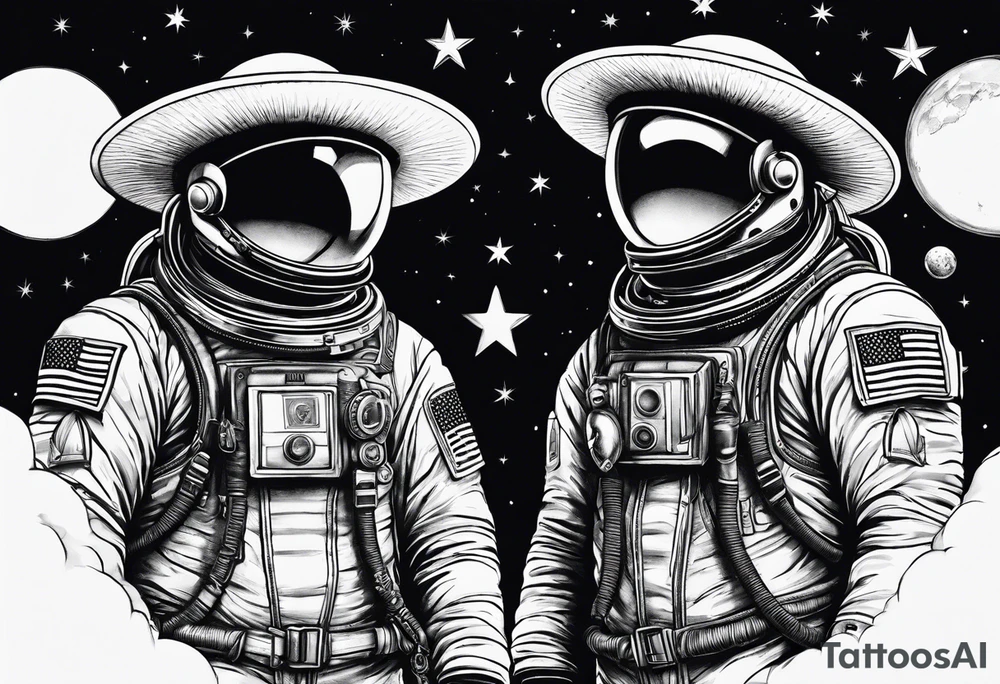 three astronauts standing together and each one is wearing a sombrero tattoo idea
