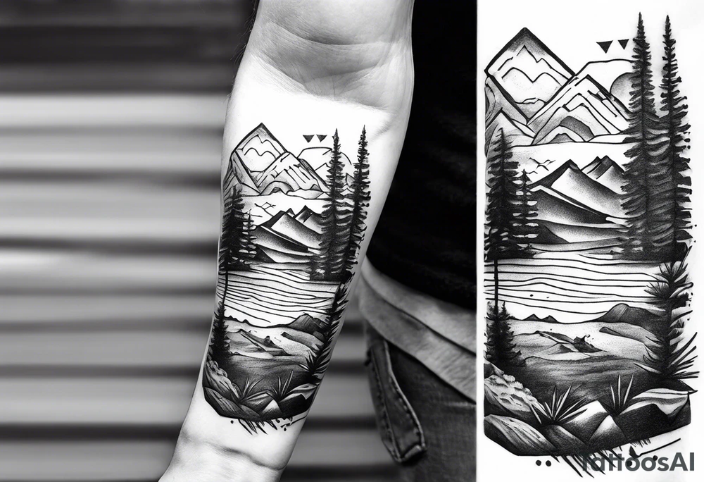 Forearm tattoo with southwest landscape and hikers tattoo idea
