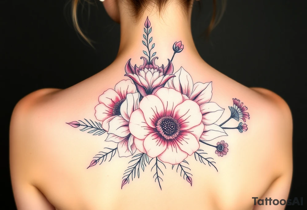 Bouquet Carnation rose lily luster and aster flower tattoo idea