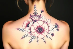 Bouquet Carnation rose lily luster and aster flower tattoo idea