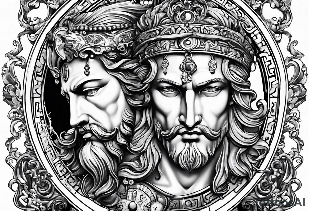 Greek god 2 heads, Aquarius, timeless clock, rosary tattoo idea