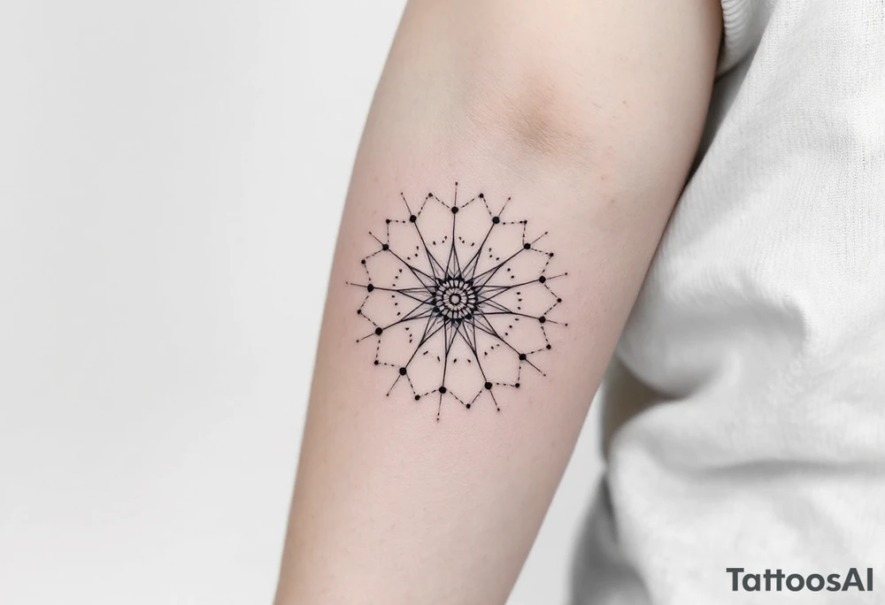 simple, minimalist tattoo, sacred geometry mandala, centerpiece design, dotwork patterns, radiating geometry, symmetrical mandala, geometric shapes, intricate dotwork, sacred patterns, mandala center, geometric radiating, fine line work, black grey shading, minimalist design, no outlines, arm placement, delicate linework, precise geometry, clean symmetry, sacred symbols, geometric precision, dotwork details, mandala focal point, refined patterns, understated complexity, geometric harmony, minimalist tattoo idea