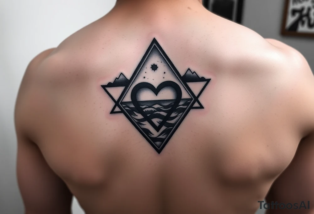 A triangle with a heart in the center and a ocean scene in background tattoo idea