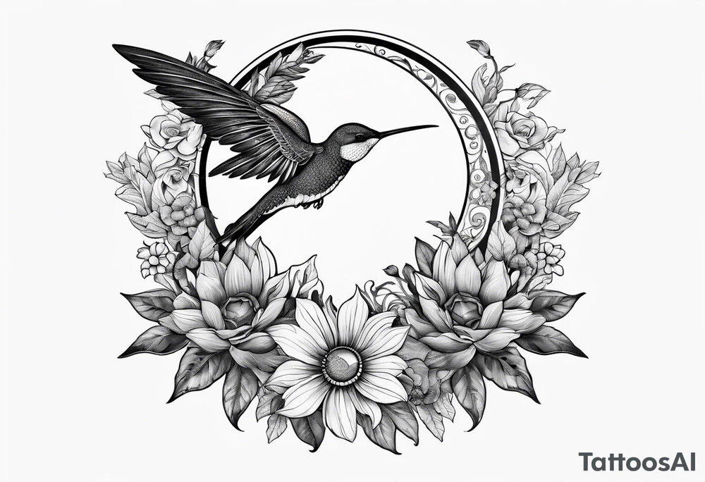 Floral sun and moon with hummingbird tattoo idea