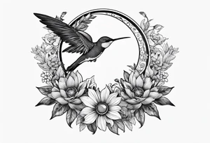 Floral sun and moon with hummingbird tattoo idea