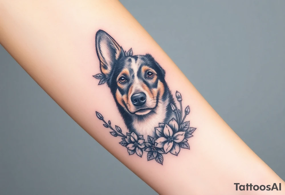 merle austrailian cattle dog with succulents and flowers surrounding his head tattoo idea