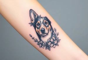 merle austrailian cattle dog with succulents and flowers surrounding his head tattoo idea