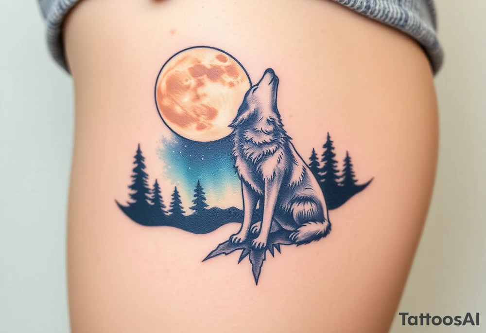 lone wolf howling at full moon with northern lights backdrop tattoo idea