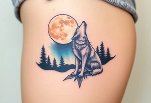 lone wolf howling at full moon with northern lights backdrop tattoo idea