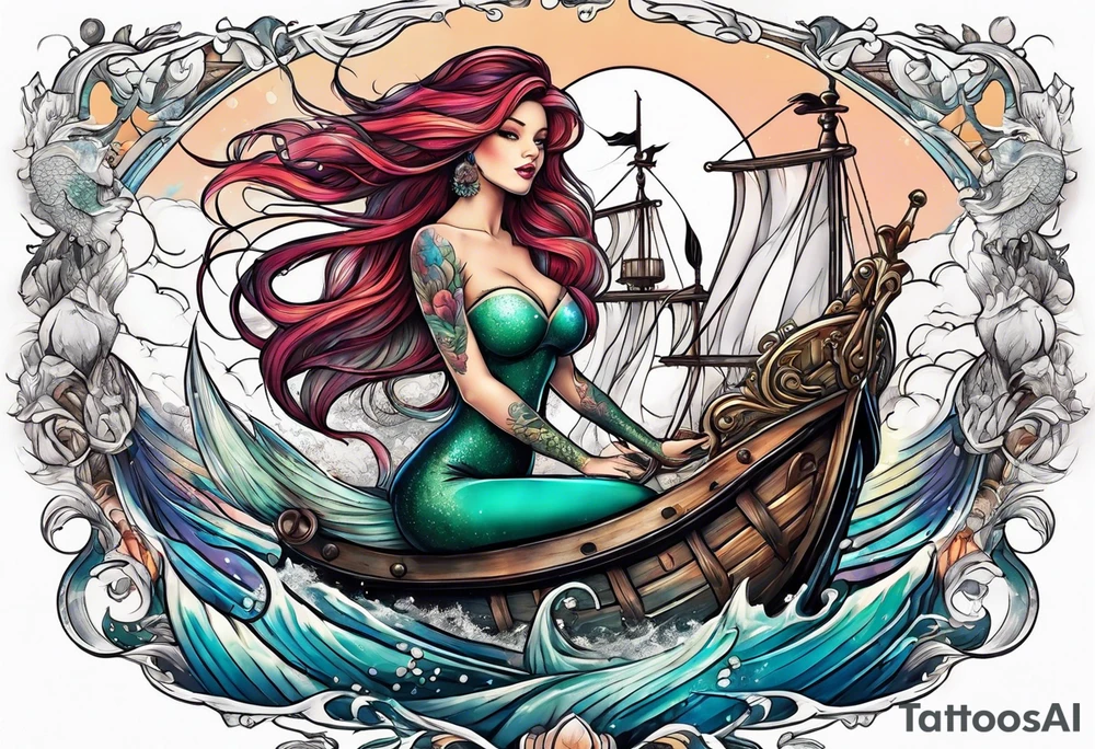 mermaid with galleon ship tattoo idea