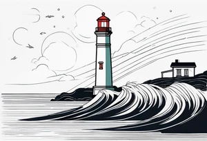lighthouse very fine line, colored. also rough sea close to the lighthouse tattoo idea