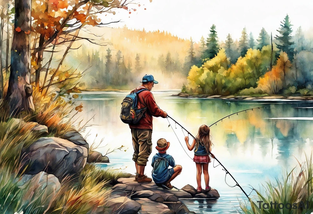 Father and young son and daughter fishing from the bank with trees and wilderness surrounding them. tattoo idea
