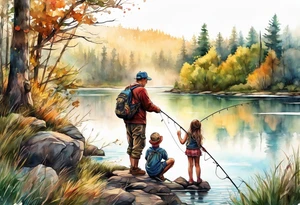 Father and young son and daughter fishing from the bank with trees and wilderness surrounding them. tattoo idea