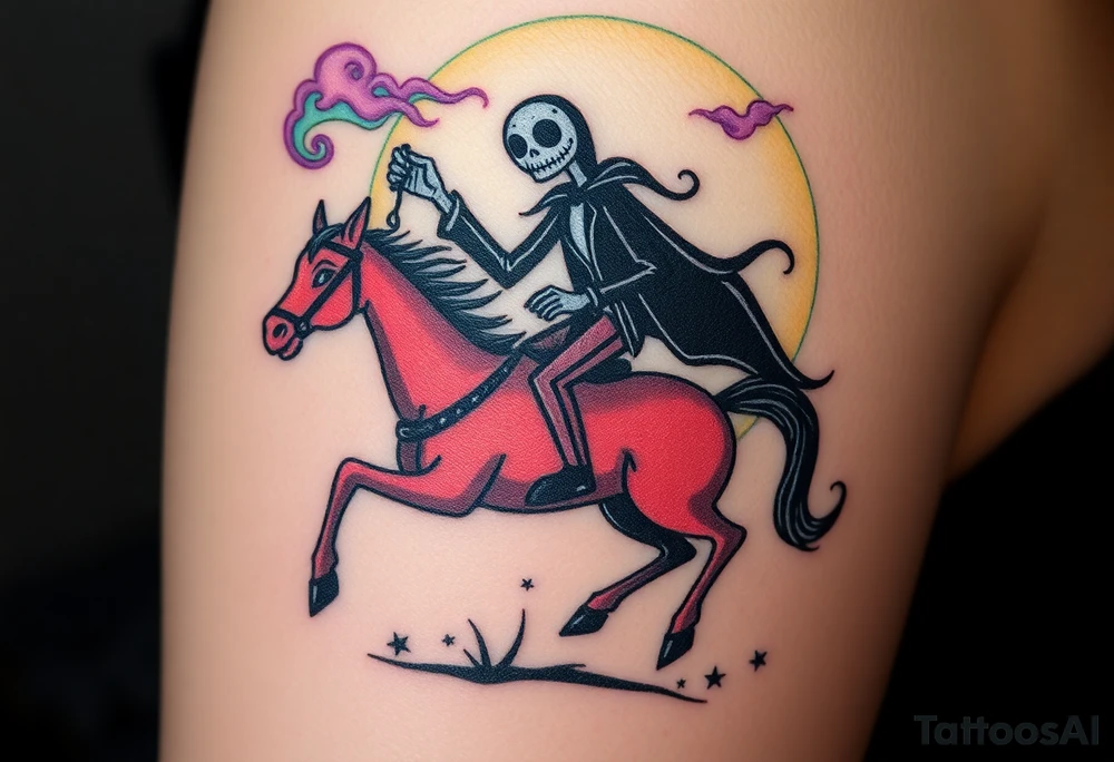 Tim Burton’s sleepy hallow headless horseman is riding in the night he holds a lanturn in hand as his horse bucks upwards and dripping with muted reds, dusty pinks, and eerie green glow.purple and cyan smokey clouds swirl in the crescent moonlit sky thats sprinkled with stars tattoo idea tattoo idea