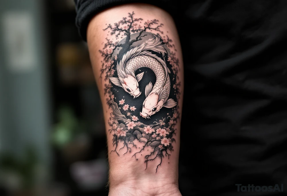 koi fish fighting a dragon with a sakura tree in the background, Japanese inspired piece tattoo idea