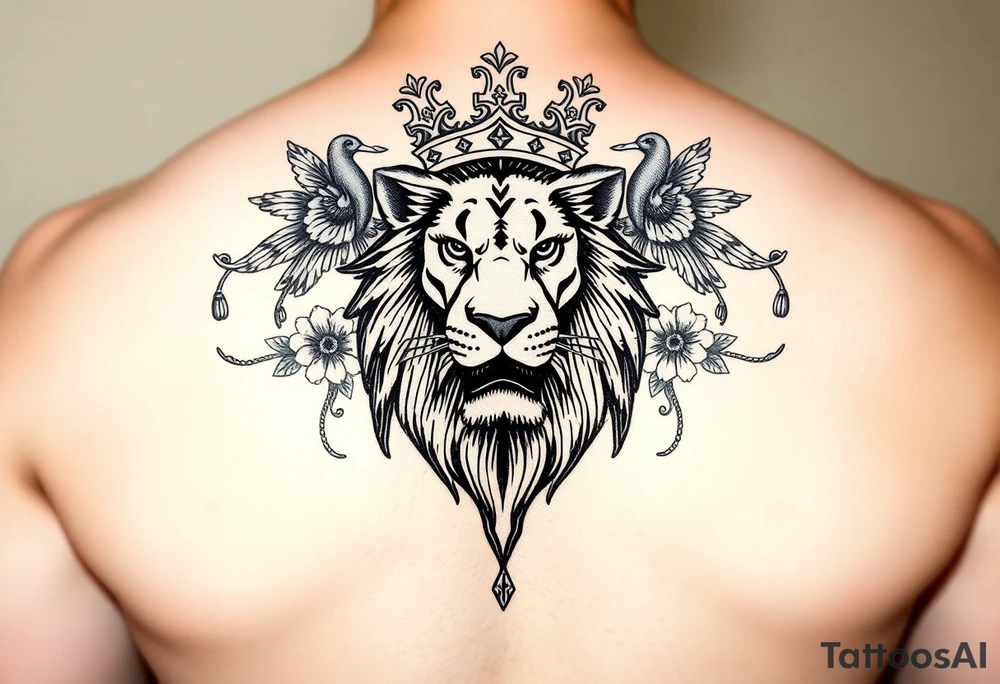 powerful majestic lion with a crown, surrounded by floral ornaments and birds tattoo idea
