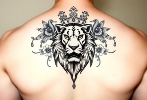 powerful majestic lion with a crown, surrounded by floral ornaments and birds tattoo idea