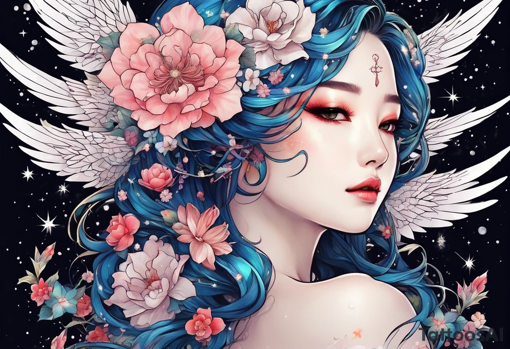 Constellation, wing , snow , cross , dragon female japan kawaii , flower tattoo idea