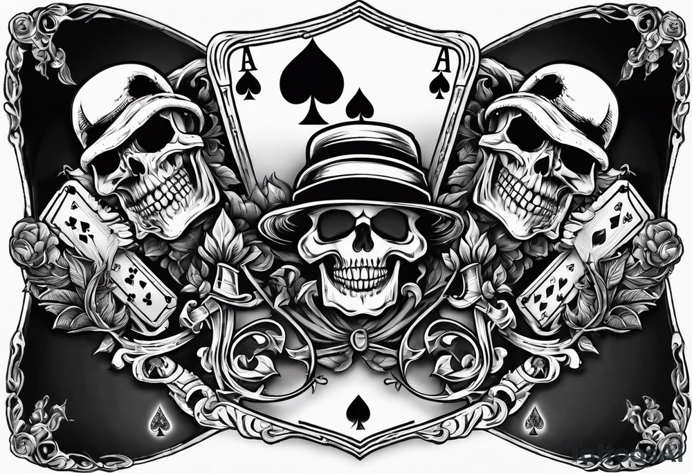 Skeleton hang holding out two playing cards, 8 of spades and 7 of spades tattoo idea