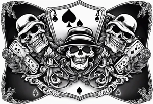 Skeleton hang holding out two playing cards, 8 of spades and 7 of spades tattoo idea