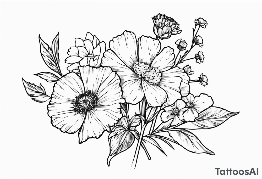 a simplistic bouquet of forget me not , carnation , and aster flowers with a stem tattoo idea