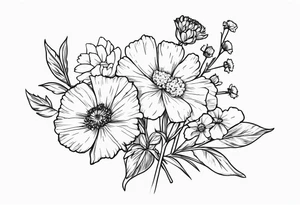 a simplistic bouquet of forget me not , carnation , and aster flowers with a stem tattoo idea