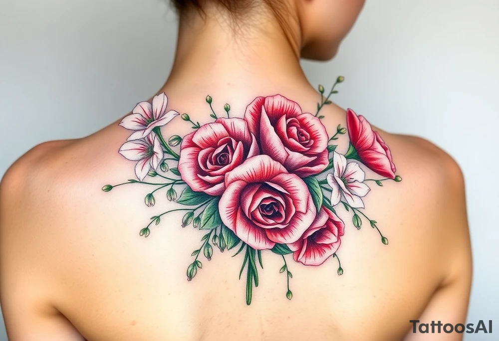 3d Bouquet of Carnation, Astor, Rose, Lily of the valley, Larkspur with realistic, no black tattoo idea