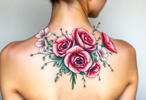 3d Bouquet of Carnation, Astor, Rose, Lily of the valley, Larkspur with realistic, no black tattoo idea