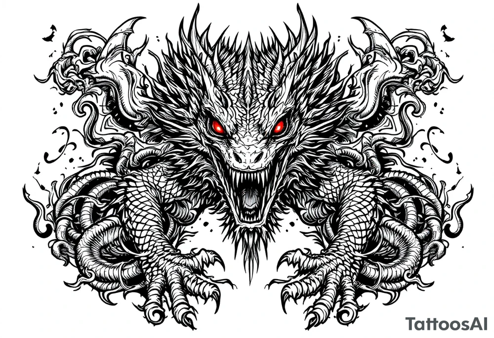 powerful majestic monitors lizard with red eyes, surrounded by death ornaments tattoo idea
